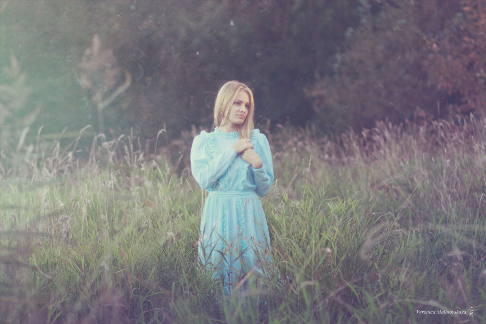 Pretty girl in the field | portrait, model, girl, blonde, long hair, field, grass, forest, blue dress, pretty