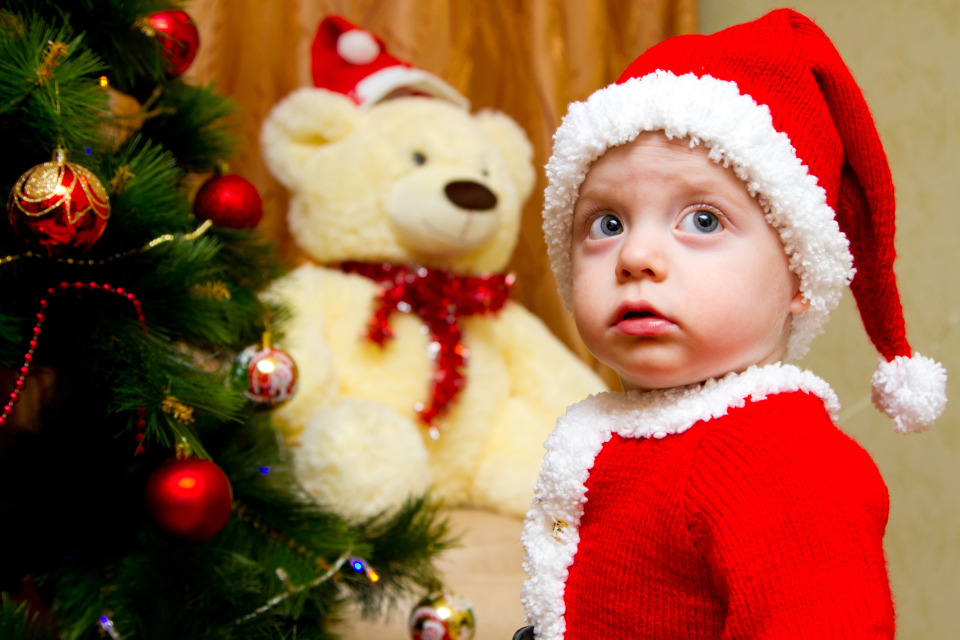 Little boy in the suit of the Santa | portrait, child, little boy, New Year, firtree, teddy bear, suit, Santa, holiday