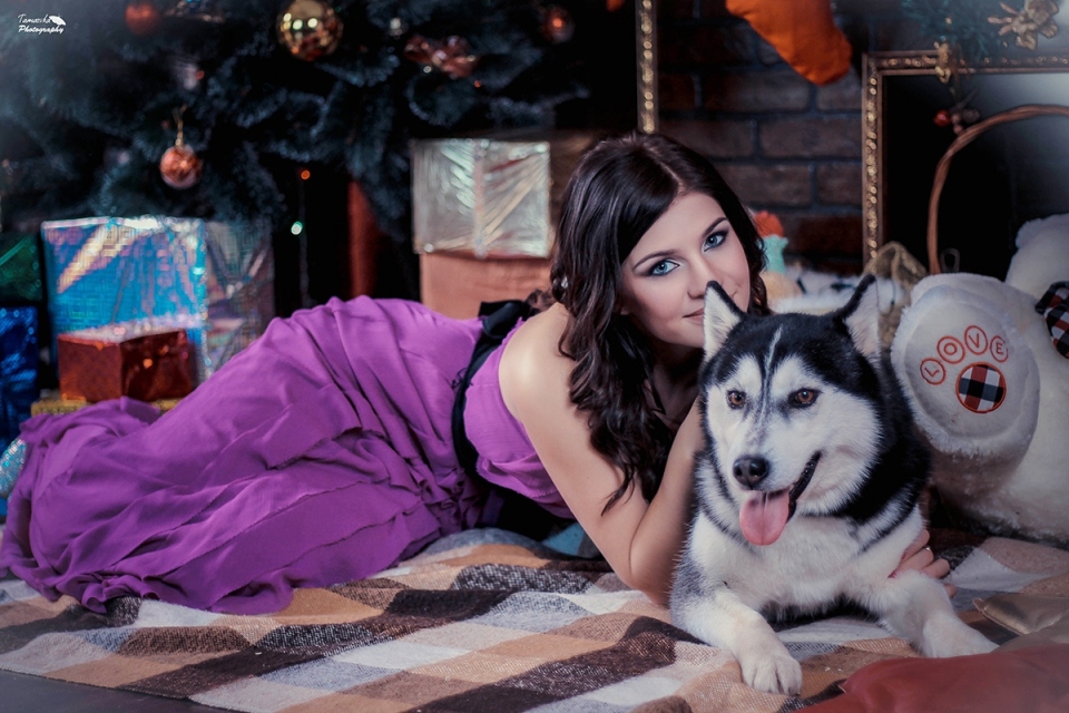 Cutie in purple dress lying on the floor hugging dog | husky, dog, chrismas, house, eve