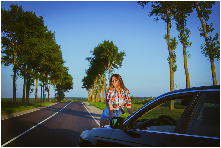 Beautiful girl and a car | portrait, model, girl, light-brown hair, long hair, car, street, sunny day, trees, skyline