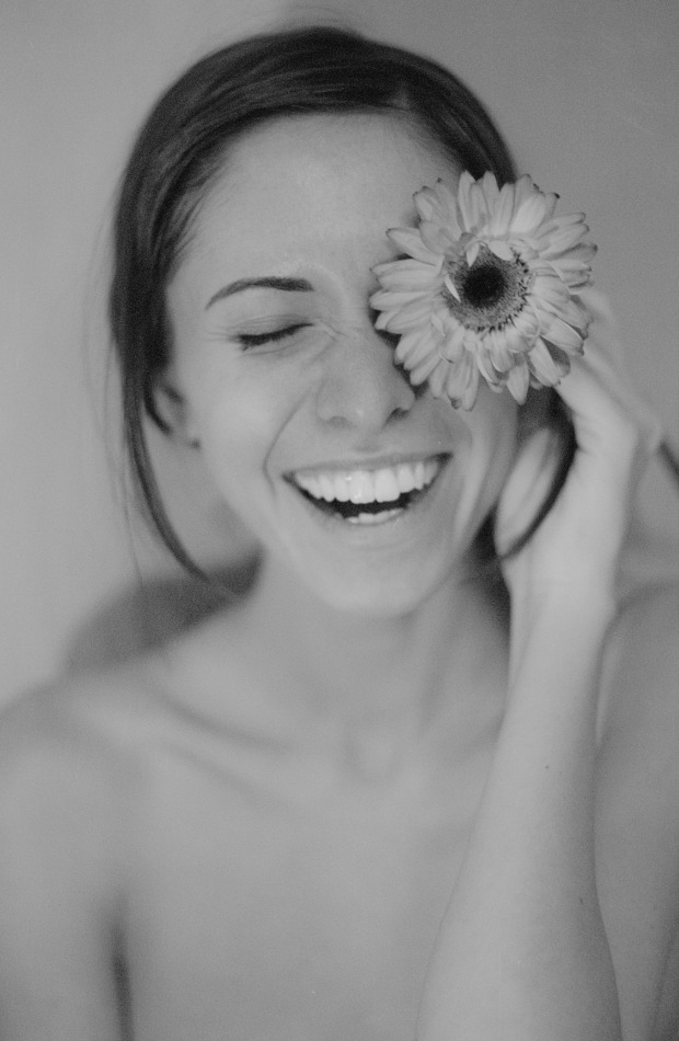 Gerbera makes you smile and laugh | laughing girl, gerbera, smile, perfect teeth, black & white