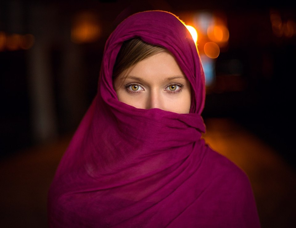 Girl in a kerchief | portrait, model, girl, eyes, natural make-up, kerchief, lilac, covered face, hair, blur