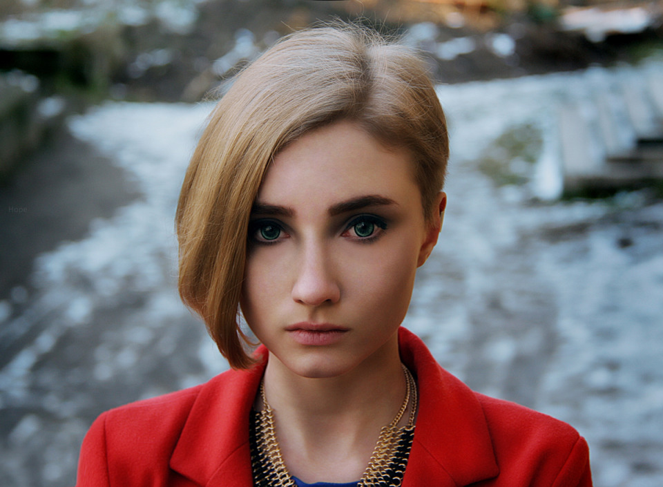 Sad girl | portrait, model, girl, blonde, short hair, green eyes, make-up, face, red jacket, sad