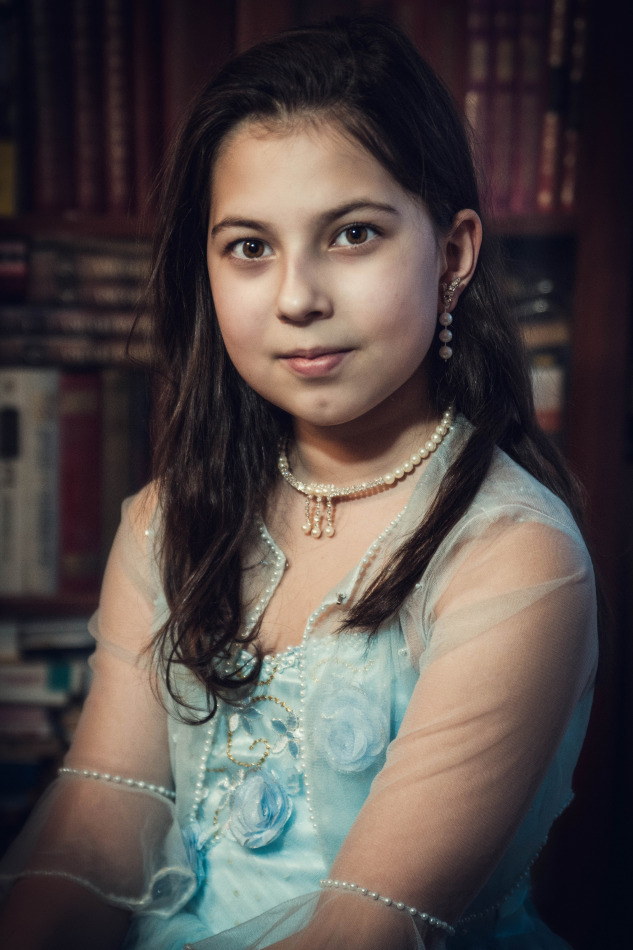 Cute girl in blue dress | portrait, girl, model, cute, brunette, long-haired, blue dress, necklace