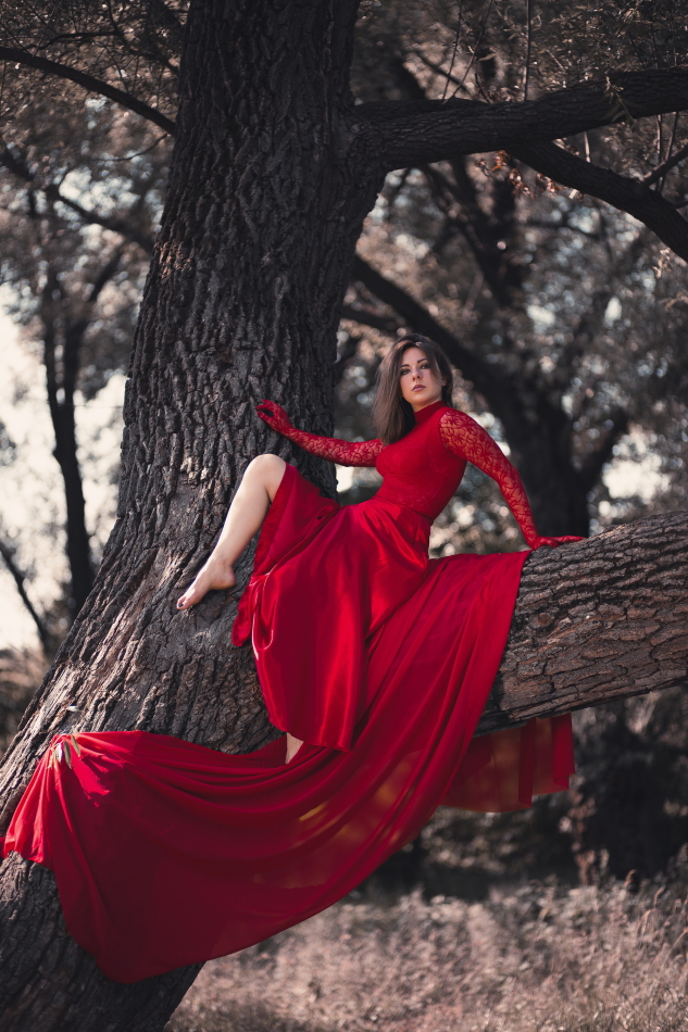 Girl in red dress on the branch | portrait, model, tree, girl, red dress, branch, environmental portrait, make-up, beautiful, day